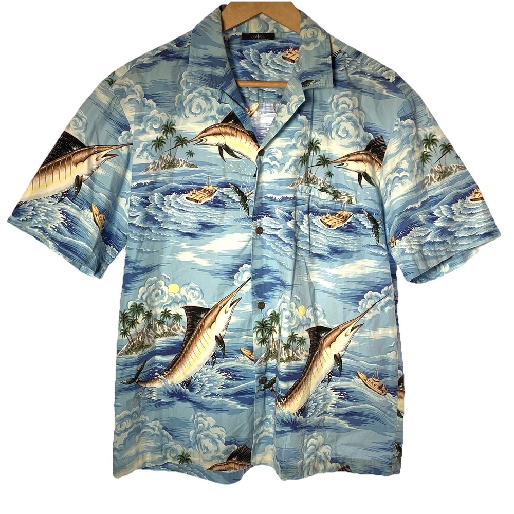 Royal Creations Hawaiian Shirt Mens L Giant Marlin Fishing Ocean AOP 100% Cotton